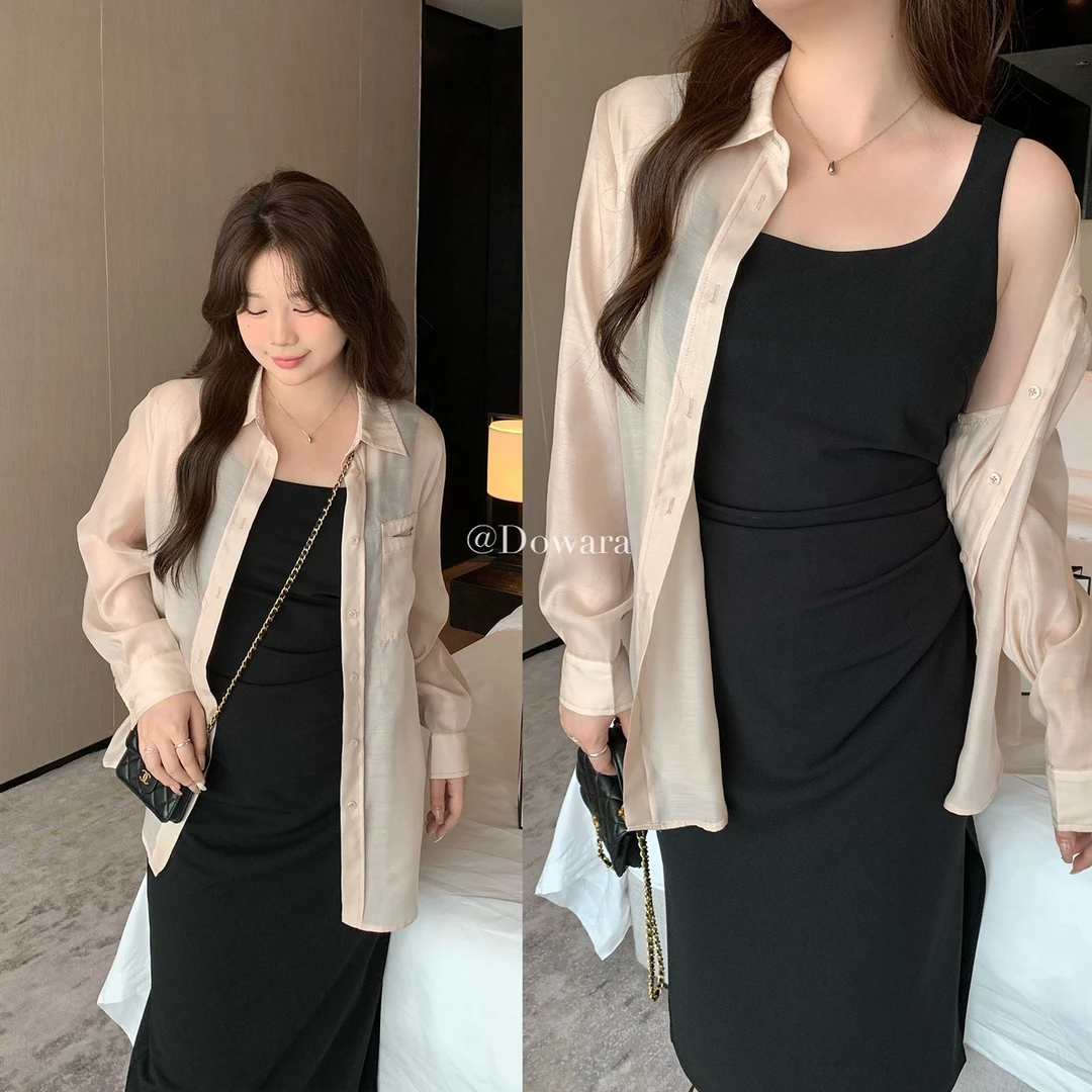 大婉酱微胖定制法式褶皱开叉吊带连衣裙夏季高级感显瘦长裙4862D