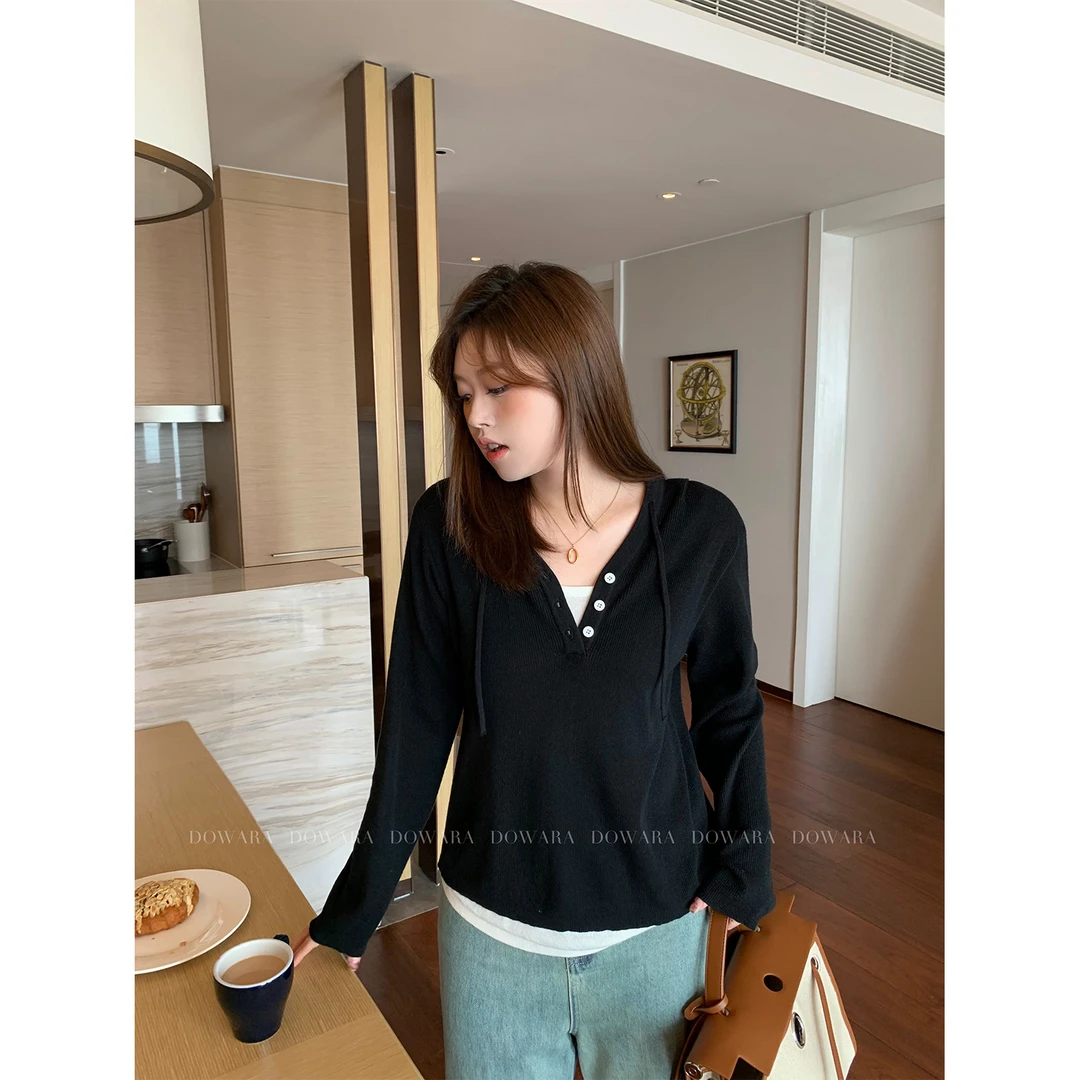 大婉酱微胖定制 韩版假两件连帽针织衫早秋小众减龄休闲上衣5184D