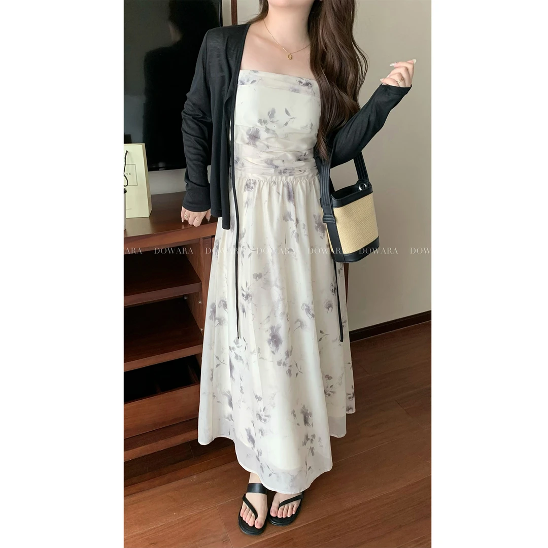 大婉酱微胖定制晕染水墨碎花连衣裙褶皱吊带裙法式气质a字裙6205D