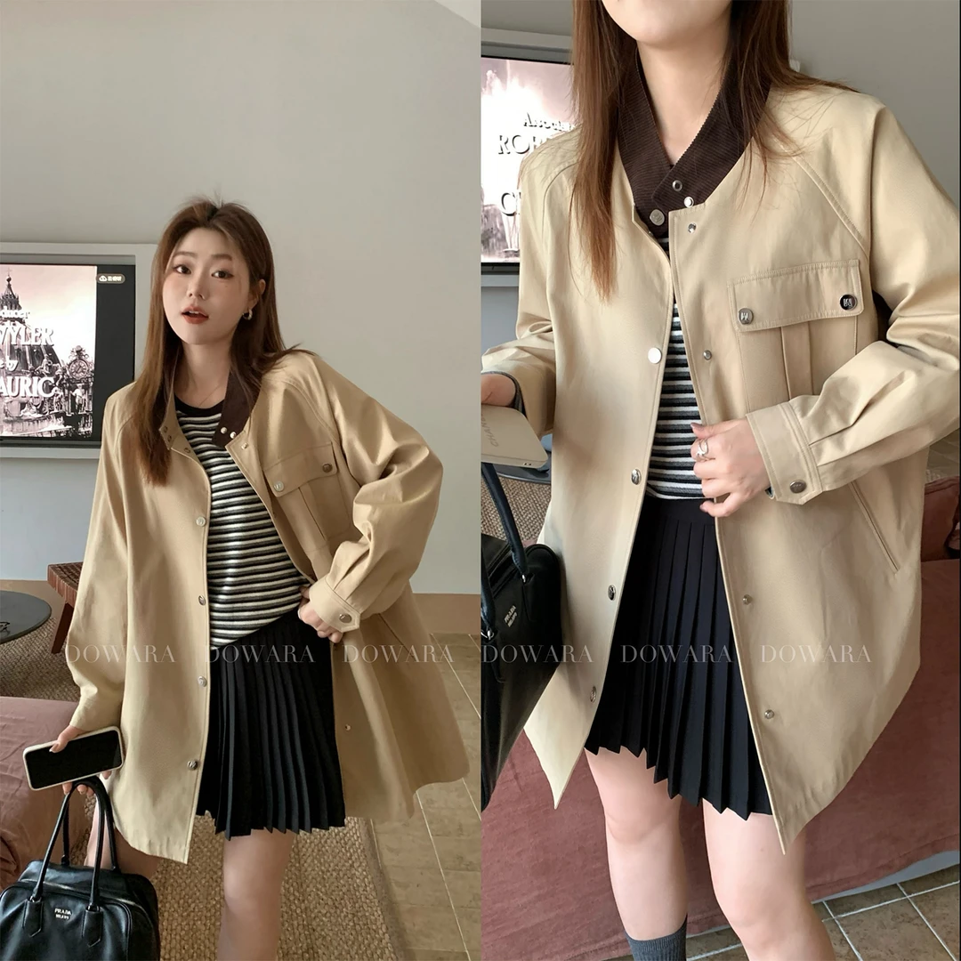 大婉酱微胖定制 中长款立领卡其色气质小众设计工装风衣外套5530D