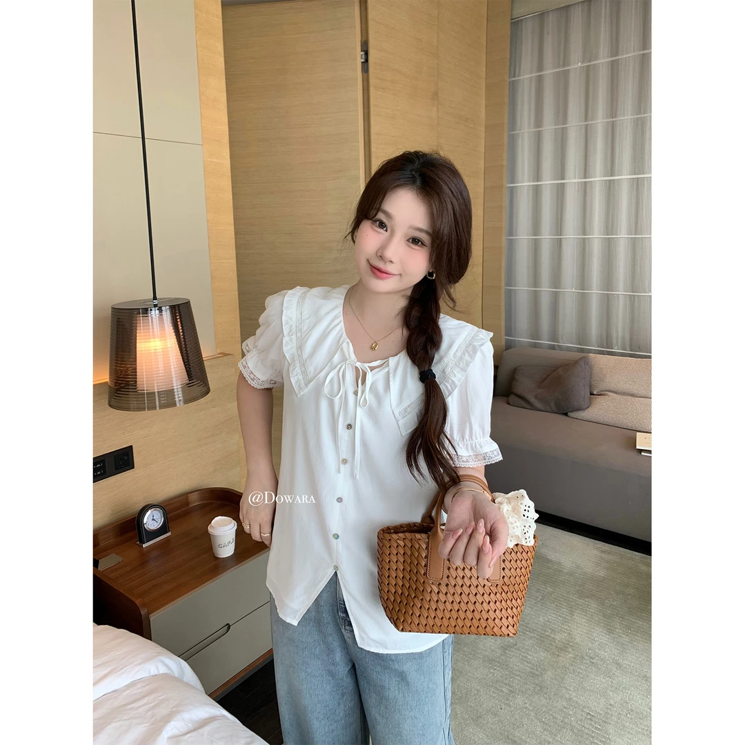 大婉酱微胖定制法式娃娃领衬衫女新款夏季气质优雅白色上衣 6044D