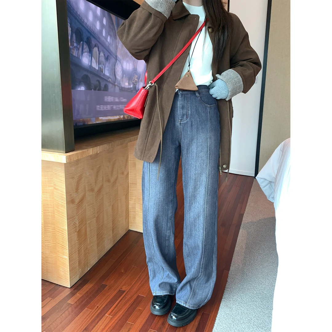 大婉酱微胖定制复古蓝水洗牛仔裤秋冬磨毛高腰宽松直筒阔腿 6380D
