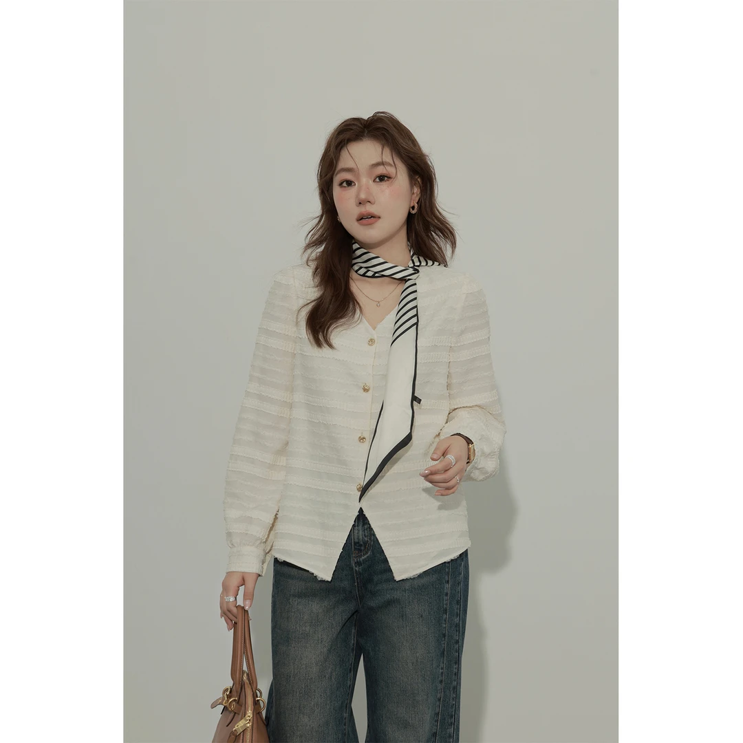 大婉酱微胖定制韩版小香风V领时尚衬衫女小众高级感气质上衣5344D