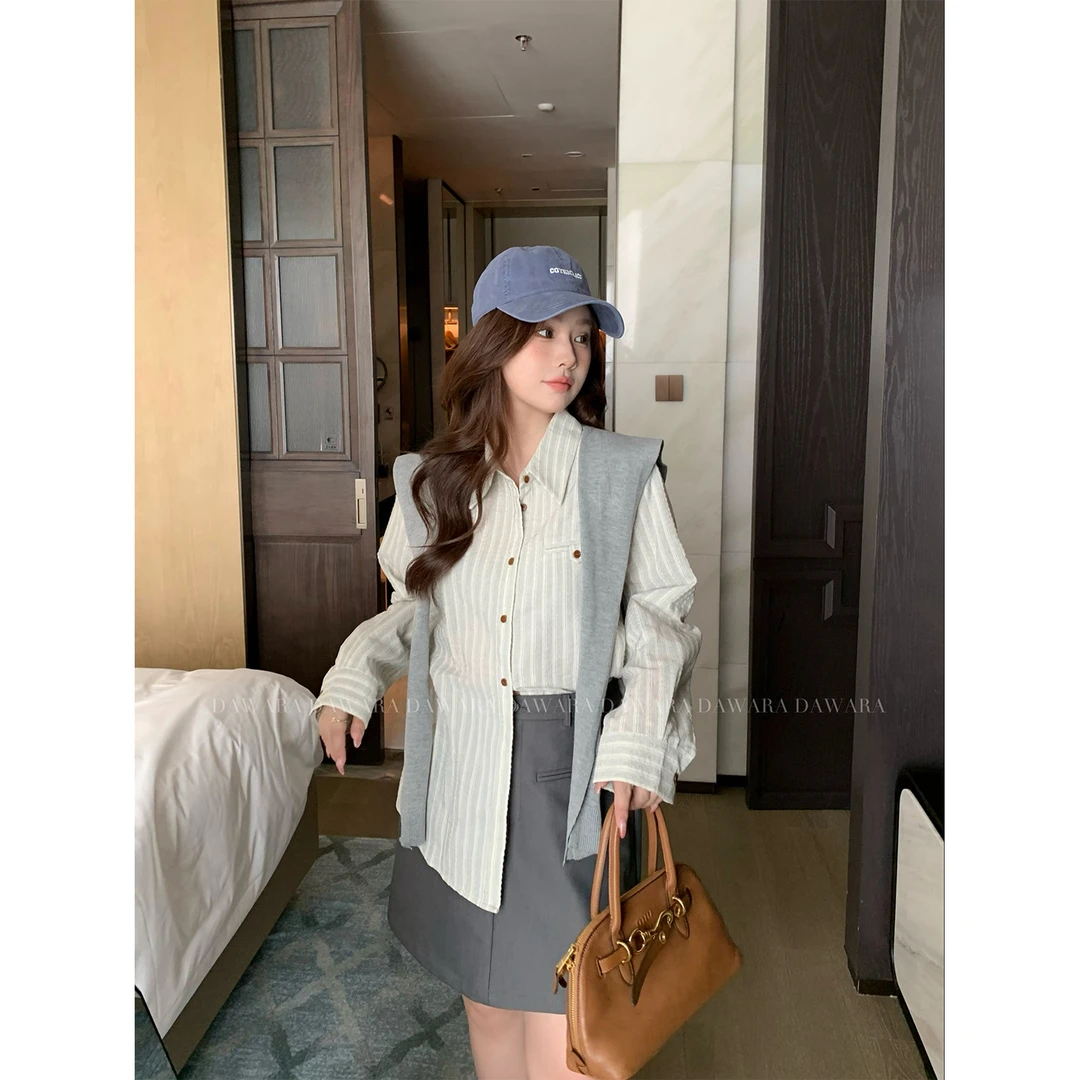 大婉酱微胖定制 条纹衬衫日系设计感秋季长袖上衣慵懒风开衫5173D