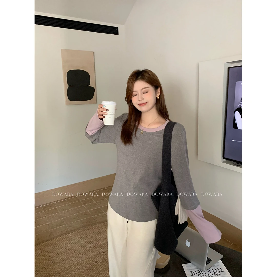 大婉酱微胖定制韩系假两件长袖打底衫女休闲百搭T恤上衣5836D