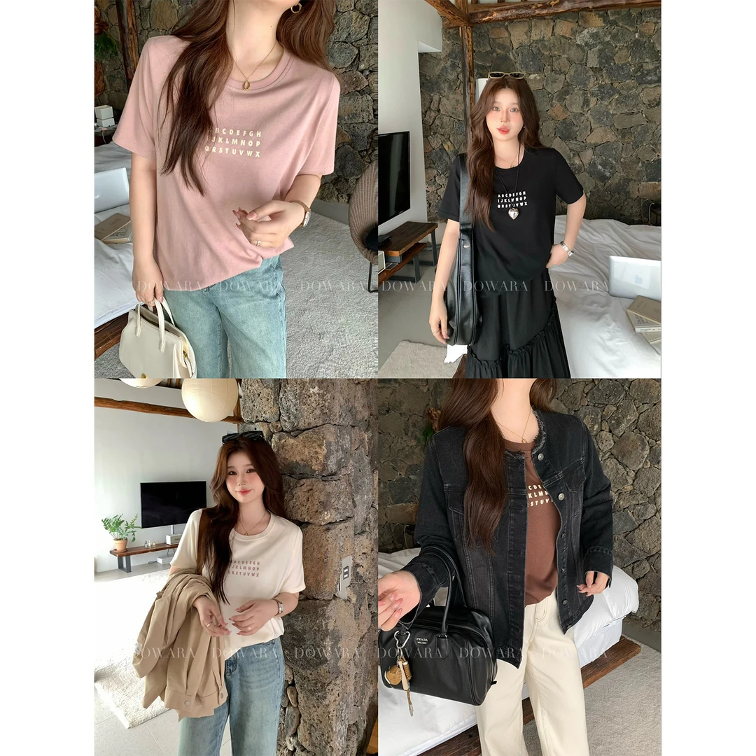 现货5152D大婉酱微胖定制早秋韩版字母印花T2024宽松显瘦休闲上衣