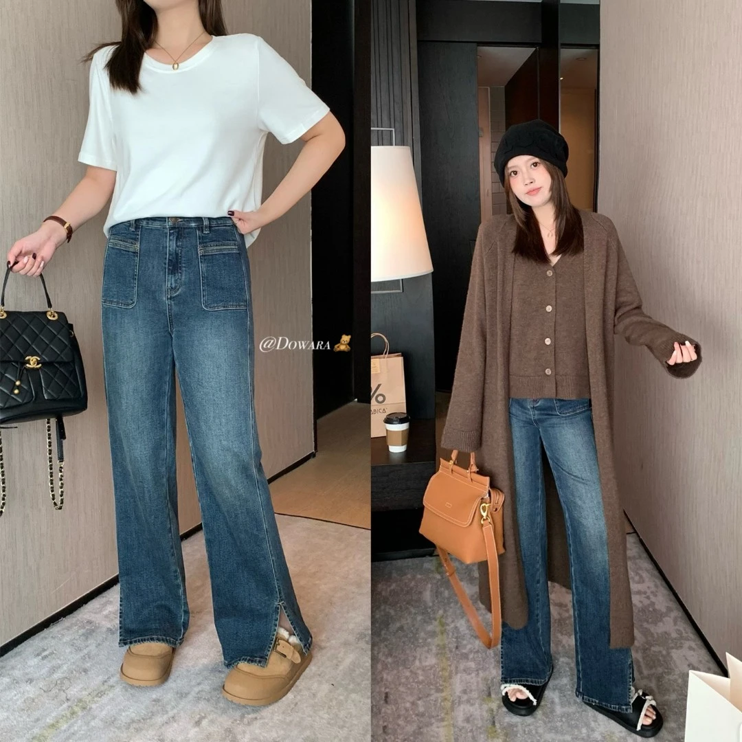 现货大婉酱微胖定制新款抓绒牛仔裤女韩版高腰宽松直筒长裤 5705D