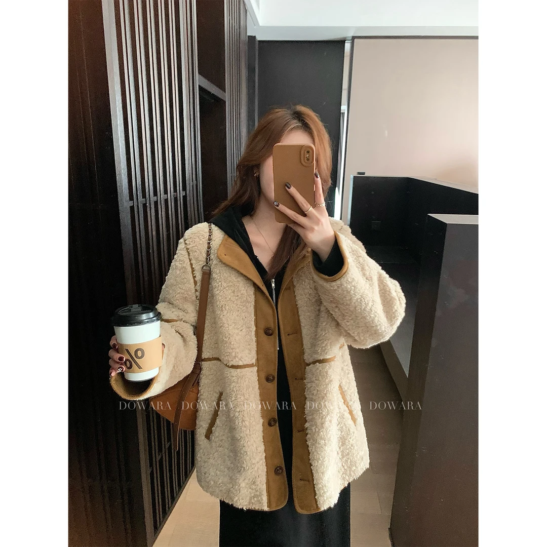 大婉酱微胖定制 冬季假两件拼接毛毛外套韩系设计感休闲上衣7345D