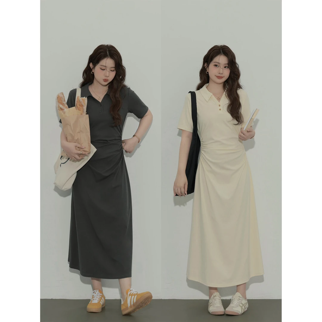 大婉酱微胖定制polo连衣裙女夏季小众设计感收腰显瘦A字长裙6112D