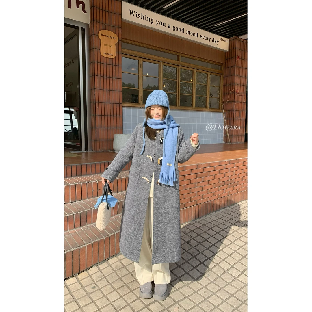 大婉酱微胖定制 韩系深灰色牛角扣大衣女冬季中长款夹棉外套5716D