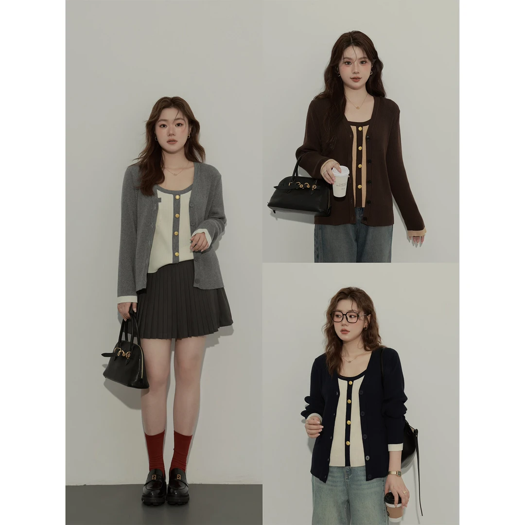 大婉酱微胖定制秋季新款两件套撞色毛织开衫+设计感吊带背心7012D