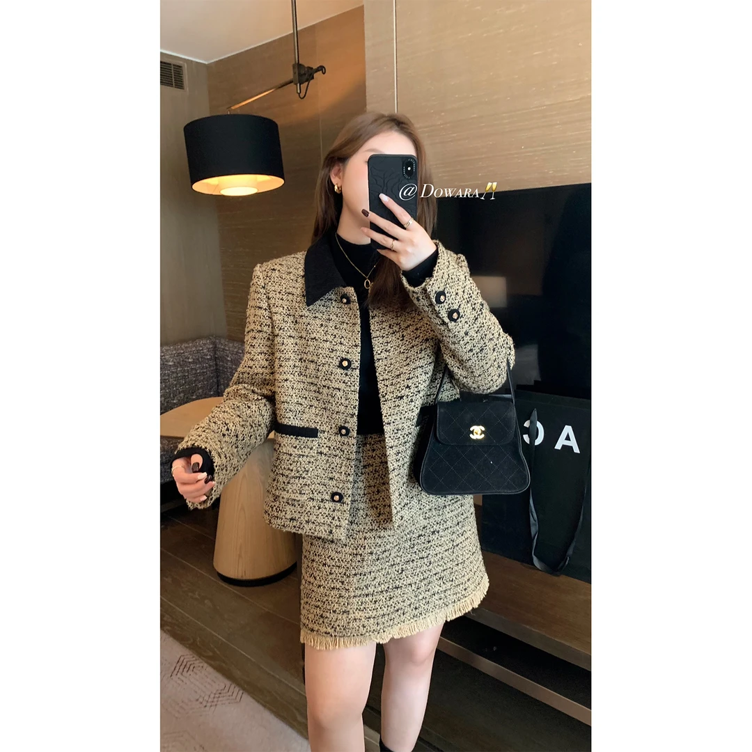 大婉酱微胖定制秋冬复古粗花呢小香风外套+气质显瘦半裙套装7175D