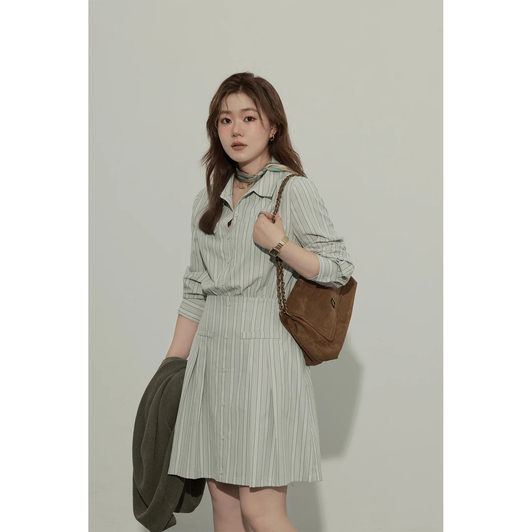 现货5209D大婉酱微胖定制法式尤莱特条纹衬衫连衣裙气质显瘦a字裙