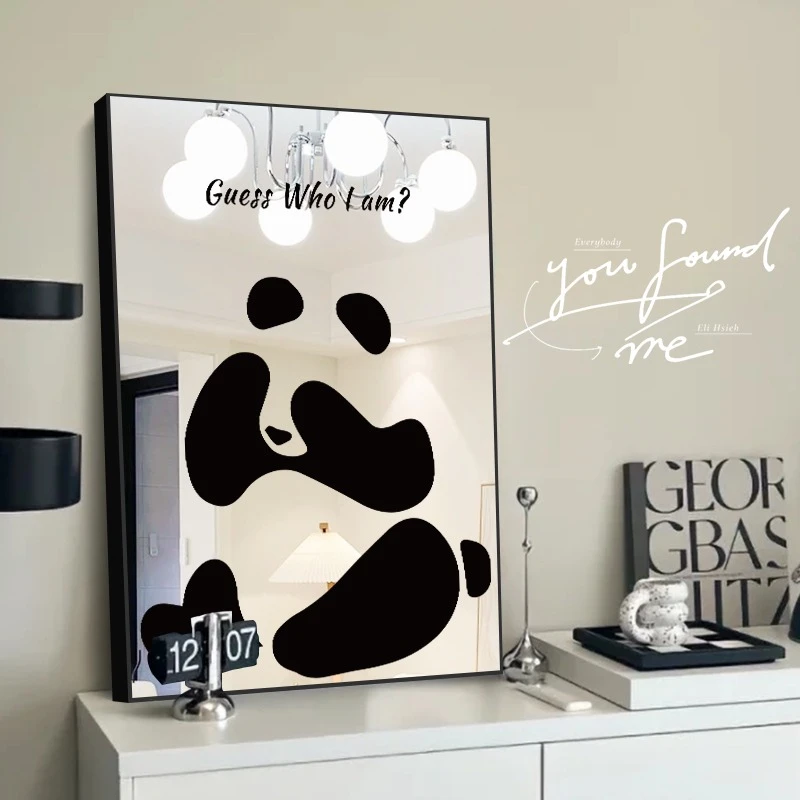 张小画 北欧镜子装饰画熊猫花花客厅挂画高级感黑白卧室餐厅摆画
