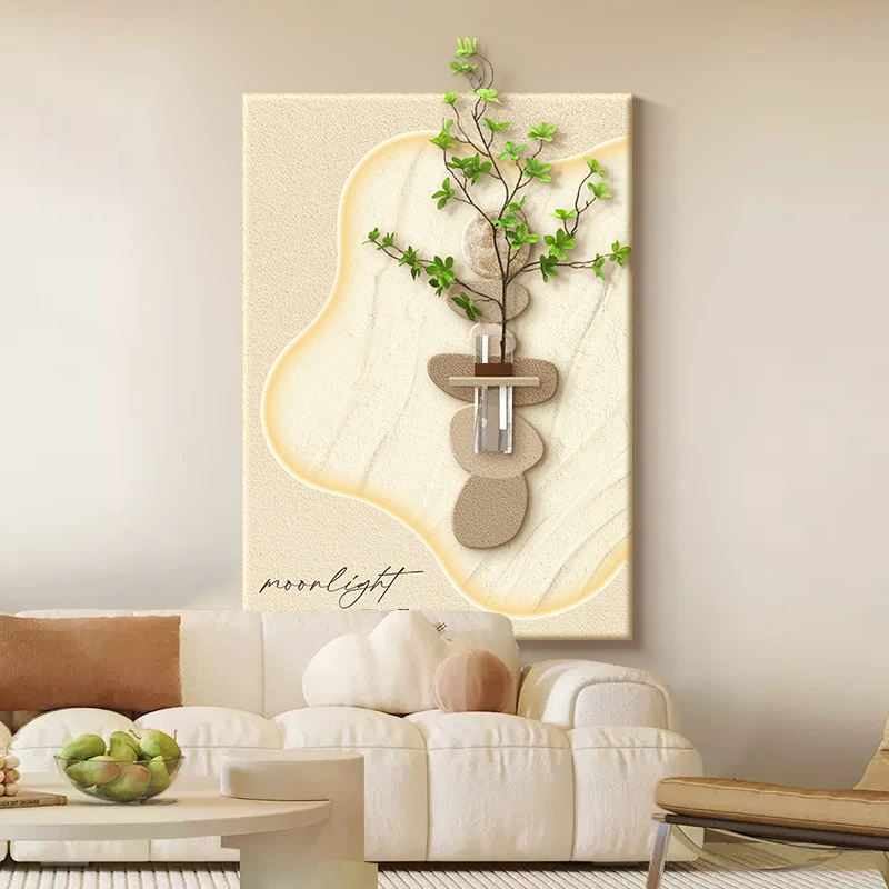 北欧奶油风玄关装饰画灯光画2024新款砂岩感绿植沙发背景墙挂画