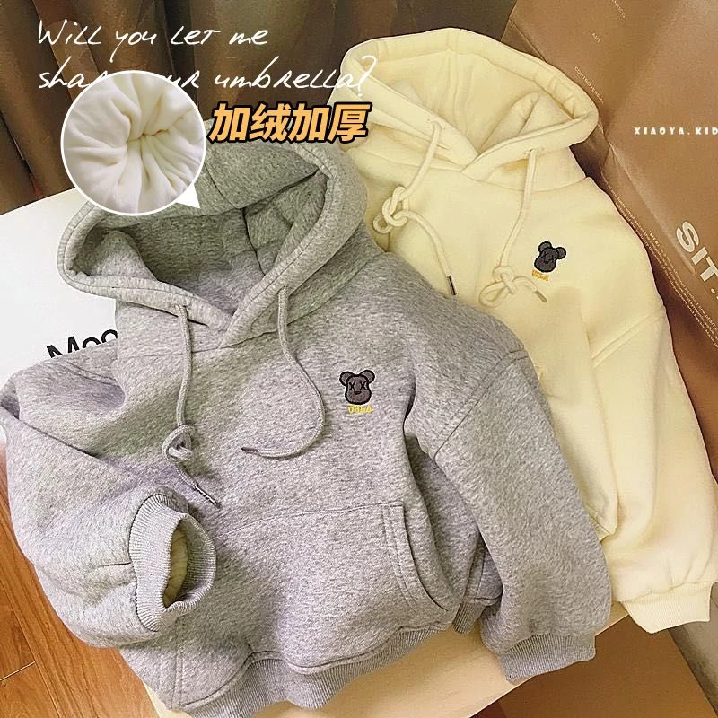 儿童加绒加厚卫衣冬季新款中小男女宝宝时尚洋气保暖卡通连帽上衣