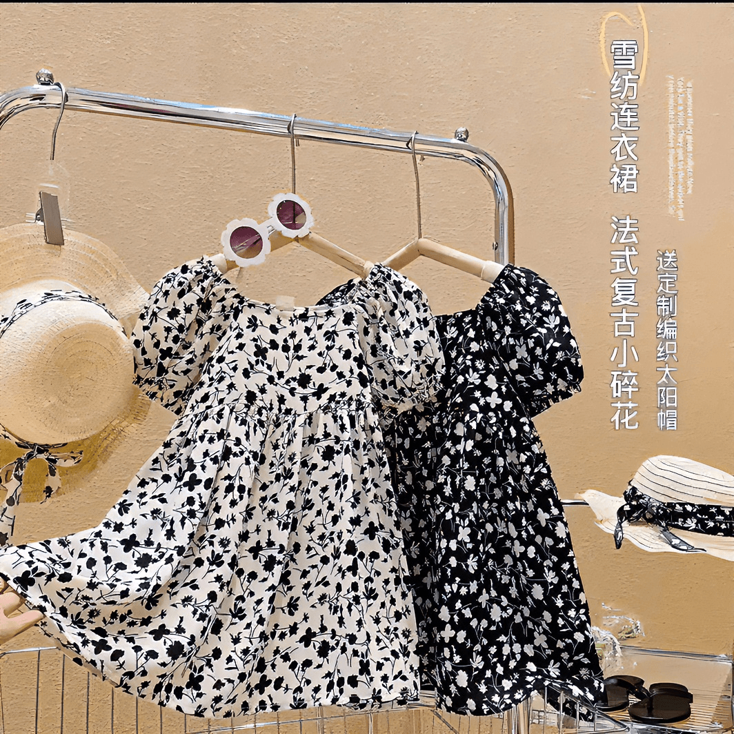 女童韩版洋气碎花短袖连衣裙+草帽夏季新款方领公主裙泡泡袖女孩