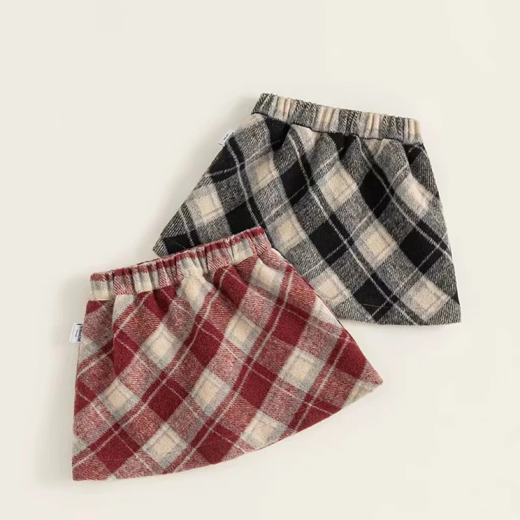 女童半身裙儿童春秋冬款简约时髦格子裙女宝宝毛呢复古A字短裙