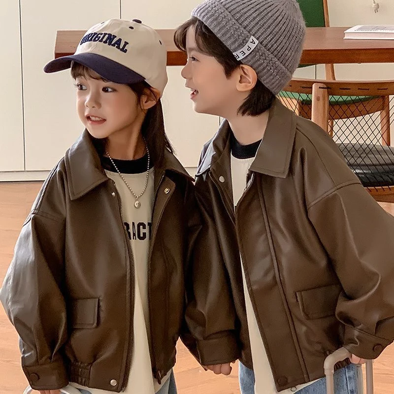 儿童皮衣外套2025春秋冬季男女童纯色皮夹克儿童韩版机车服