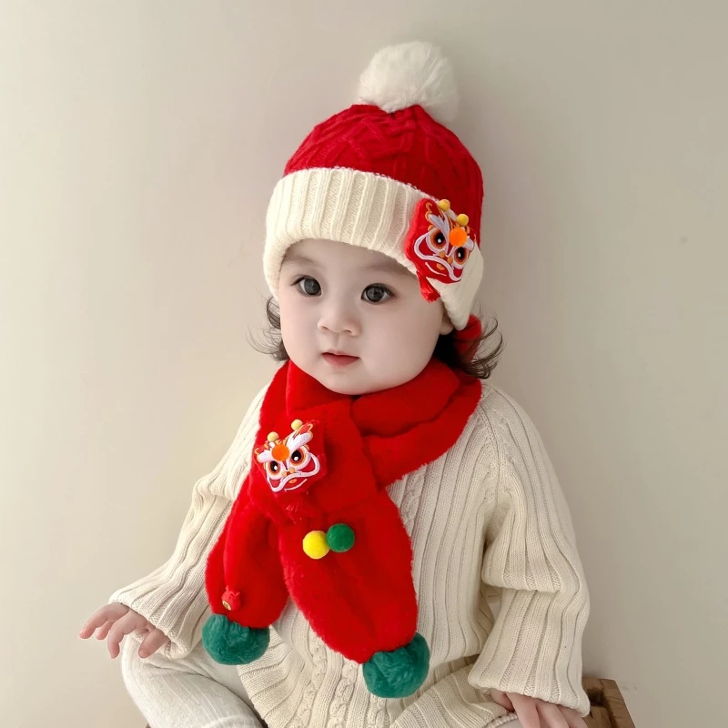 儿童帽子秋冬季加厚毛线醒狮帽婴儿红色新年周岁帽加绒宝宝护耳帽