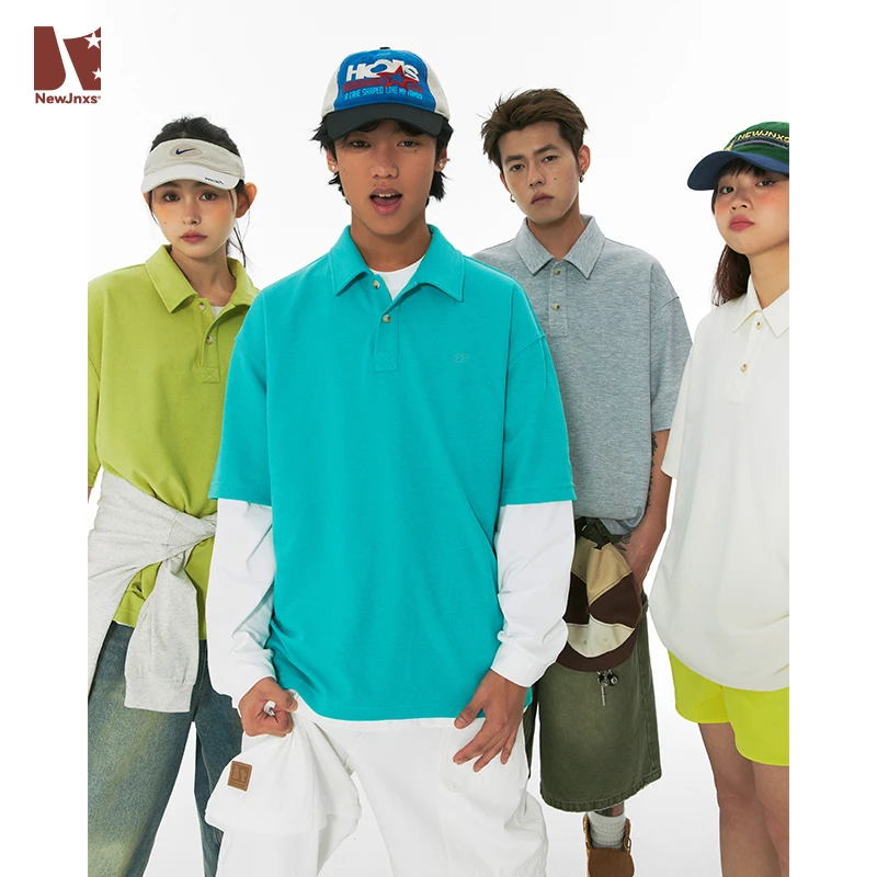 JNXS美式复古纯色宽松休闲短袖POLO衫夏季潮牌情侣装外套JN42X81