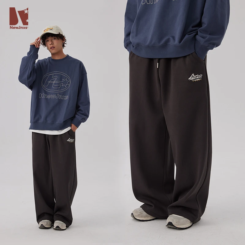 江南先生美式复古贴布logo直筒休闲男女冬季潮牌加绒卫裤JN34J70