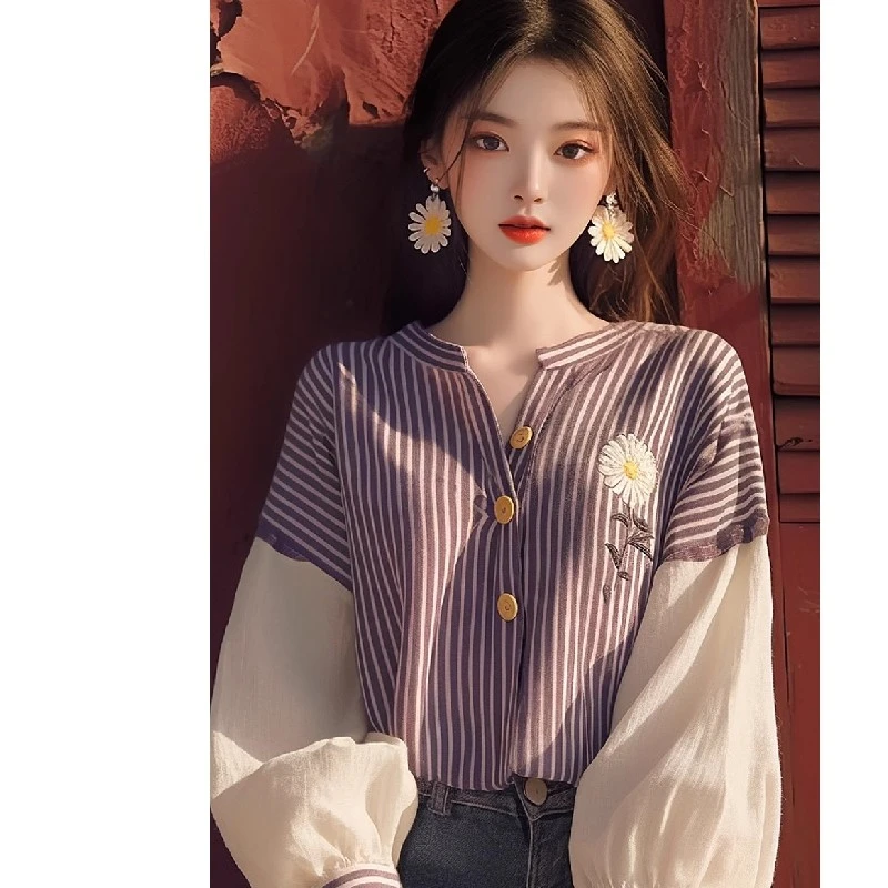 2024早秋新款衬衫女爆款小众别致高级感韩系减龄紫色条纹印花上衣