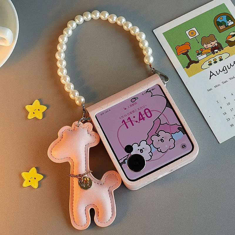 适用荣耀Magicvflip折叠屏手机壳时尚菱格皮纹全包小鹿挂件保护套