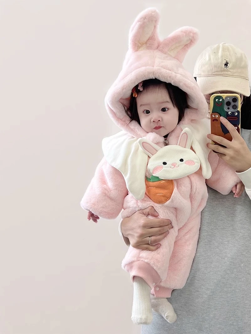 婴儿冬季衣服超萌加绒棉衣宝宝秋冬款连体衣甜美夹棉保暖外出哈衣
