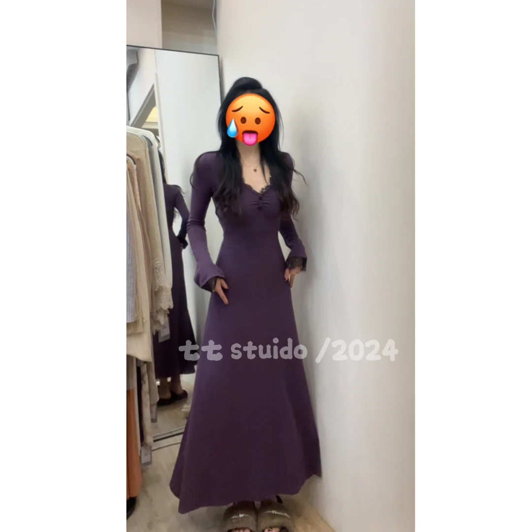 七七【爱神信筏】蕾丝拼接V领长袖秋冬高级感显瘦气质连衣裙女Q2300