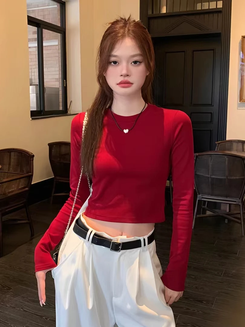2024新款红色打底衫长袖修身显瘦短款秋冬内搭打底女上衣洋气爆款