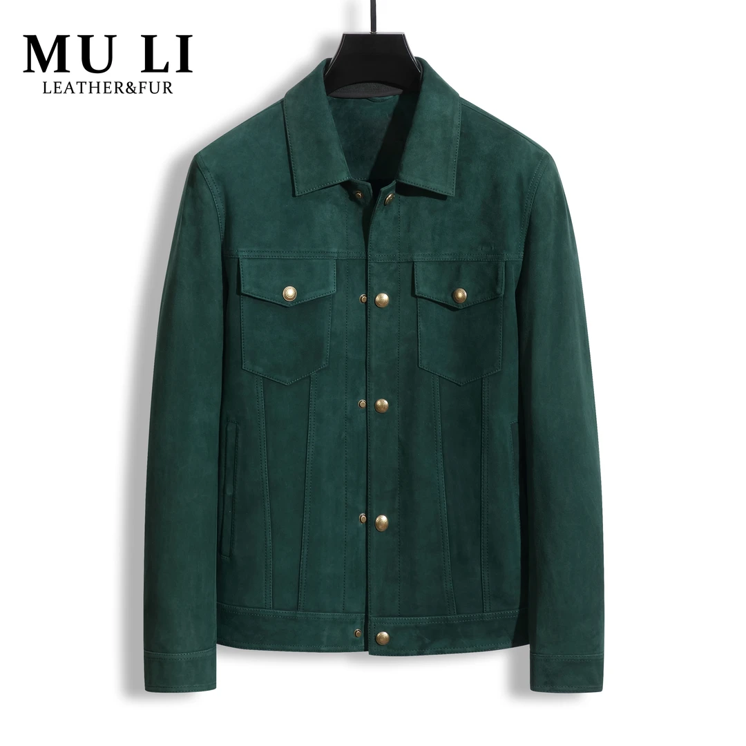 百搭春秋新款轻奢男士反绒皮”莫奈青“高级感休闲潮流皮衣22215