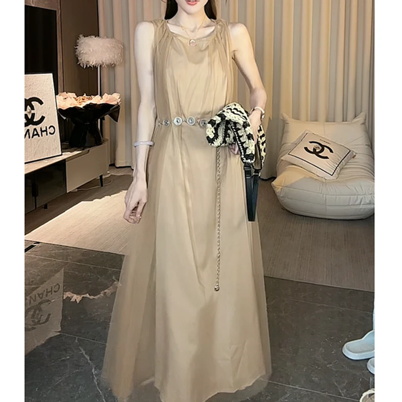 【言希专属】流光网纱无袖连衣裙女遮肉显瘦高级感时尚气质长裙子