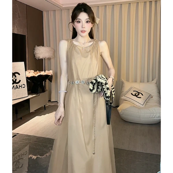 【暮云鎏金】】流光网纱无袖法式连衣裙女遮肉显瘦时尚气质长款裙子