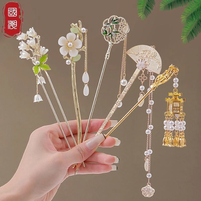 国风新中式步摇扇子百搭发簪女古风高级感汉服盘发簪子发钗复古女