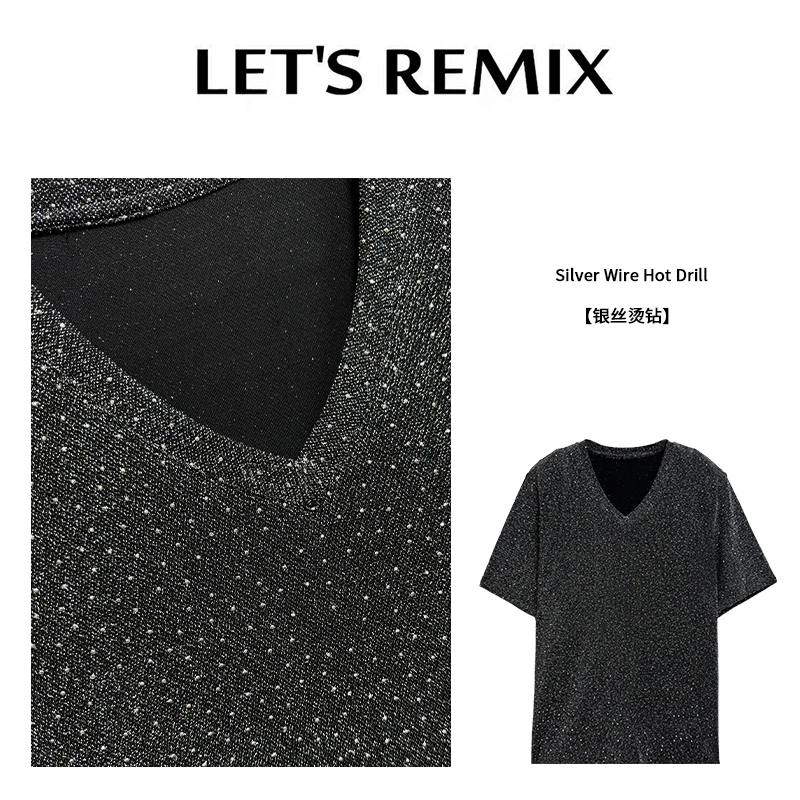 【LET'S REMIX】“流星雨”显瘦气质弹力轻奢时尚大码百搭垫肩v领短袖