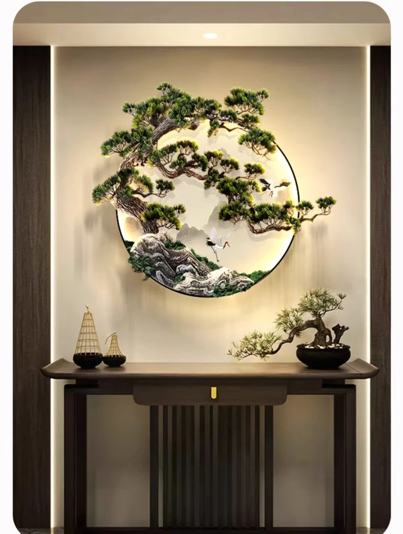 新中式入户玄关壁画灯超薄岩板楼梯沙发背景茶室立体山水装饰壁灯