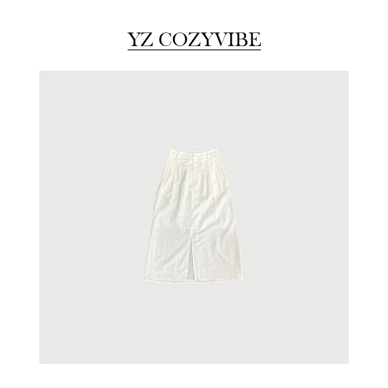 夏季新款纯亚麻开叉半裙简约时尚高级感气质老钱风显瘦女式长裙