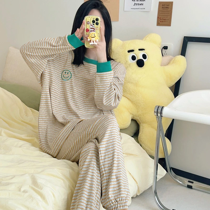 笑脸条纹睡衣套装春秋季长袖纯棉透气小脚裤圆领简约休闲家居服女