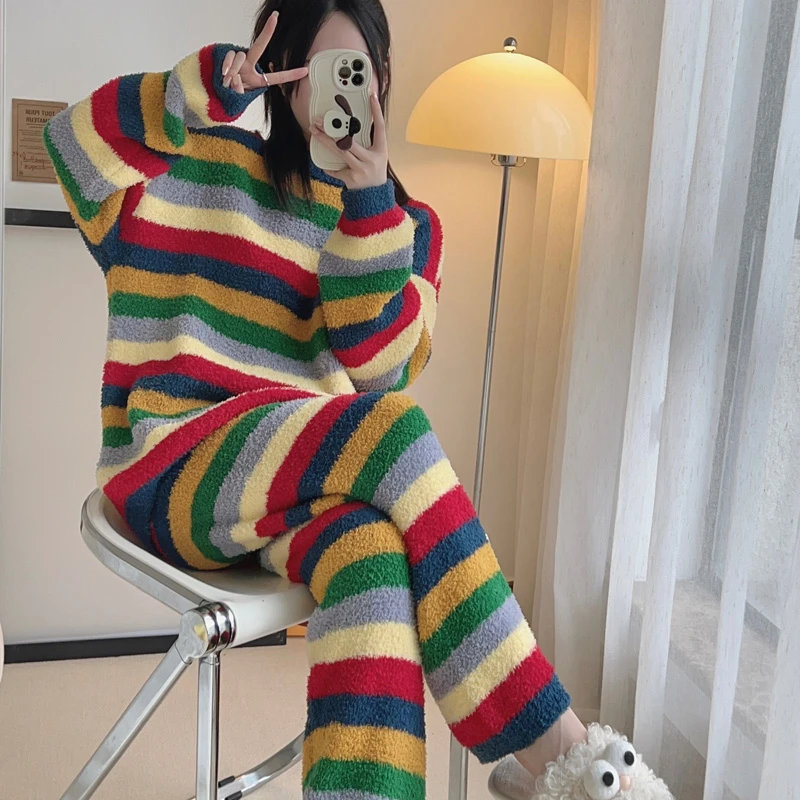 彩虹条纹软绵绵睡衣秋冬保暖羽毛纱半边绒宽松可外穿甜美家居服女
