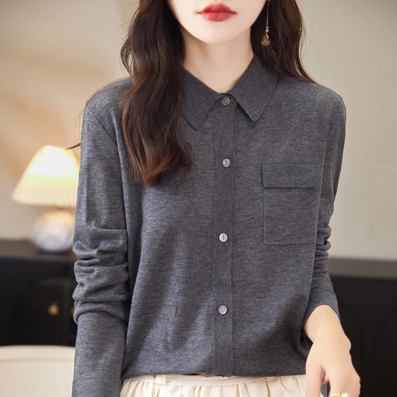 新品薄款精纺100%纯羊毛针织气质开衫女POLO领法式翻领衬衫羊毛衫