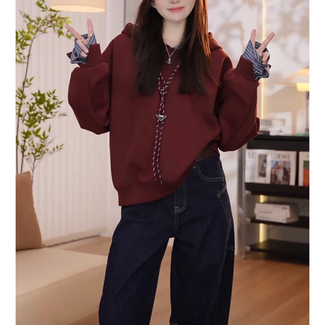 三角扣帽带洋气拼色拼接连帽卫衣女秋季新款套头宽松百搭上衣