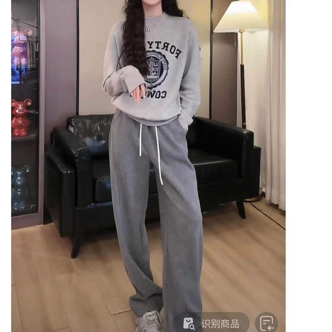 韩版秋冬休闲抽绳人字纹加绒百搭阔腿裤卫裤