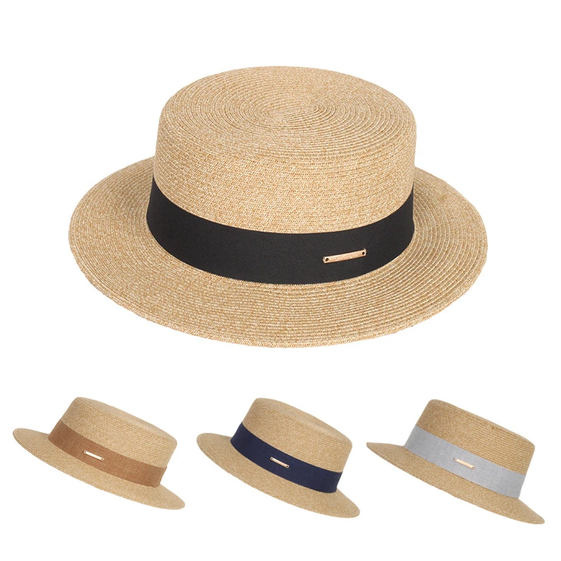 春夏日系出游草帽女新款平顶帽可调节法式透气防晒英伦礼帽遮阳帽