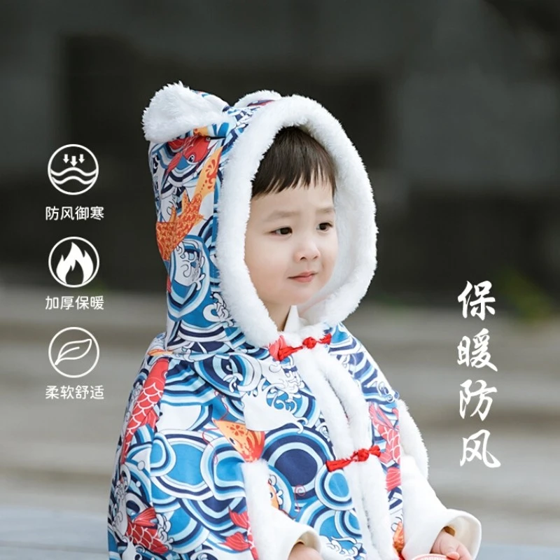 婴儿披风斗篷秋冬外出宝宝防风冬季加厚红色抱被儿童国风挡风外套