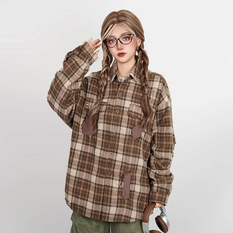 PEEKABOO 美式复古美拉德衬衫男女同款破洞补丁设计感格子衬衣