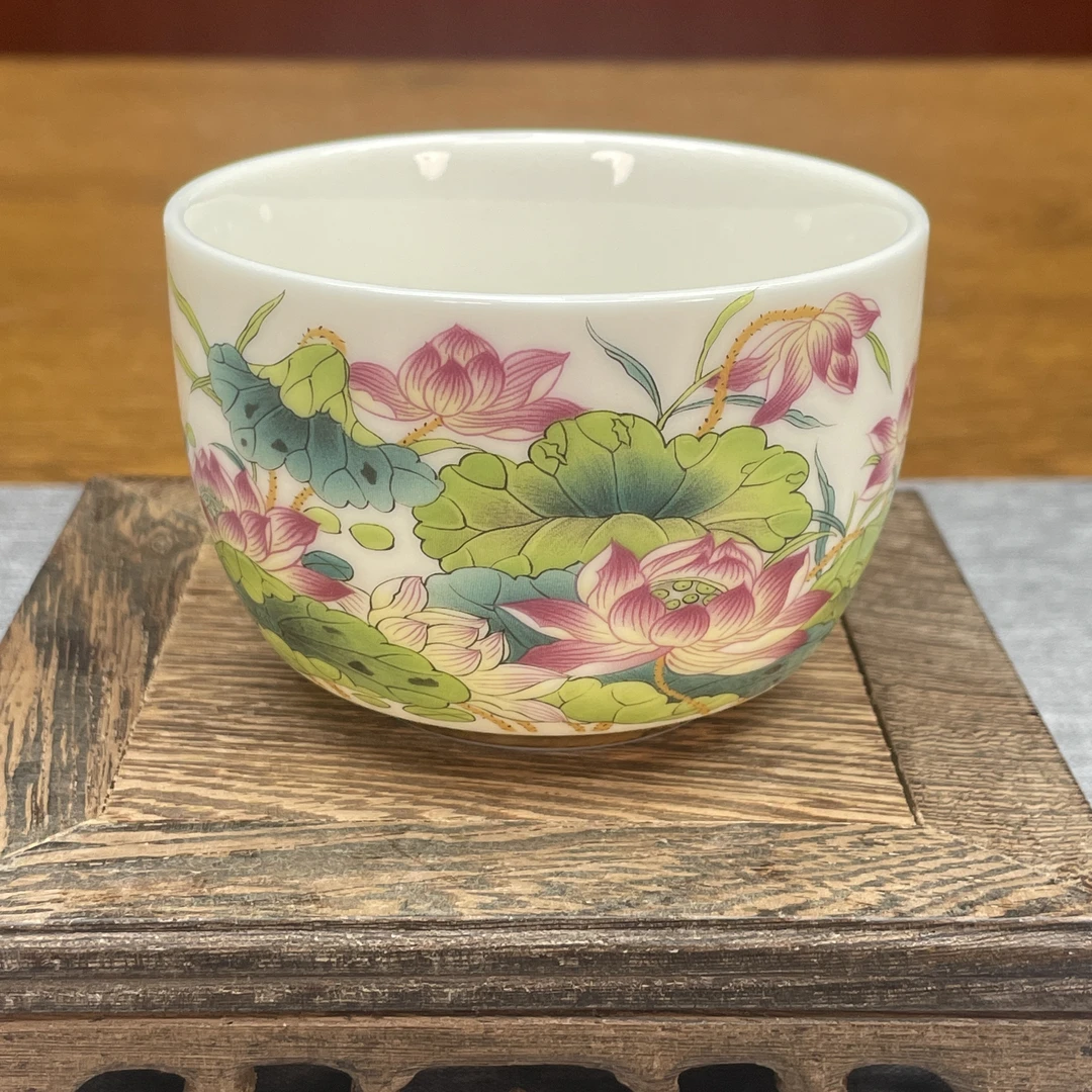 景德镇羊脂玉粉彩主人杯单杯女荷花陶瓷粉彩品茗杯子莲花大号茶杯