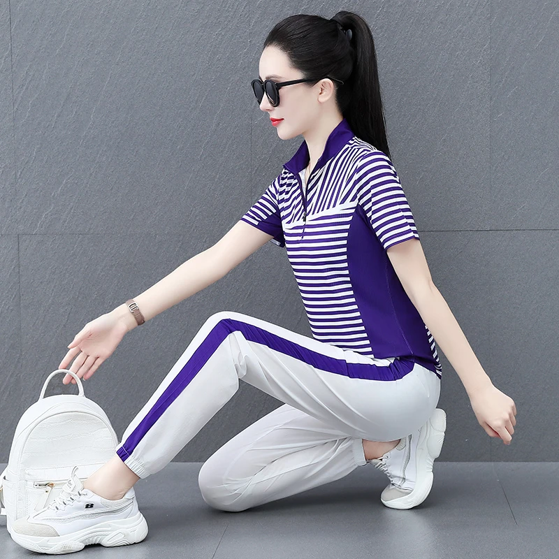 啄木鸟夏季修身大码休闲运动跑步短袖两件套装宽松减龄洋气妈妈装