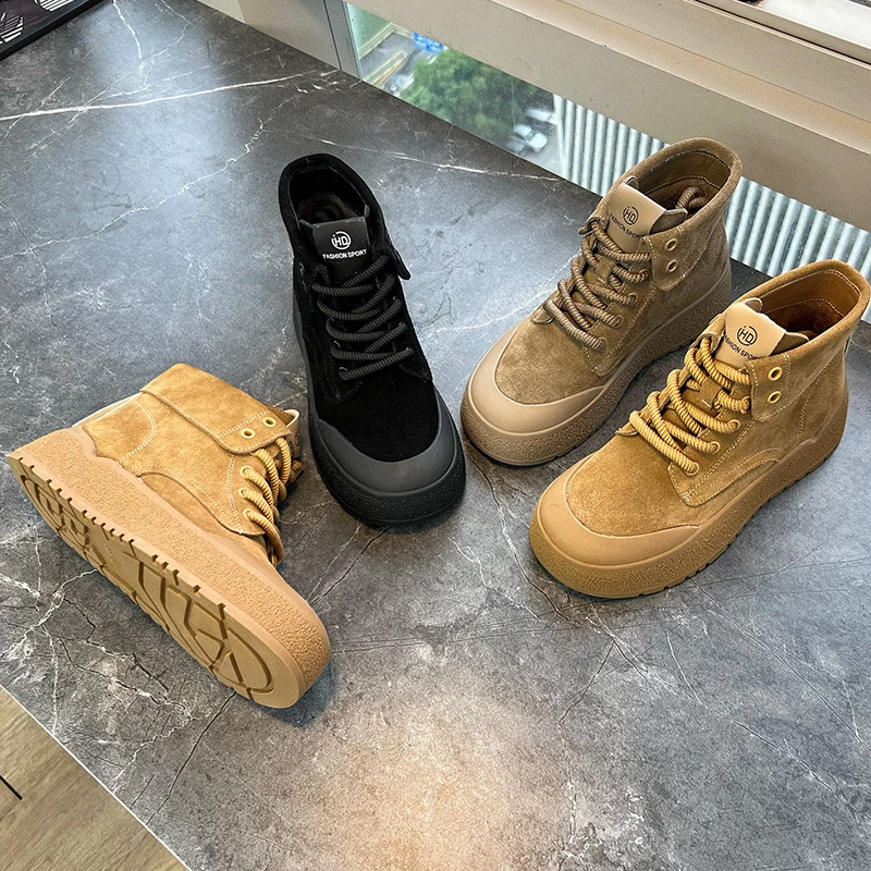 新款真皮大黄靴女新款冬季厚底马丁靴女复古两穿靴子女百搭机车靴