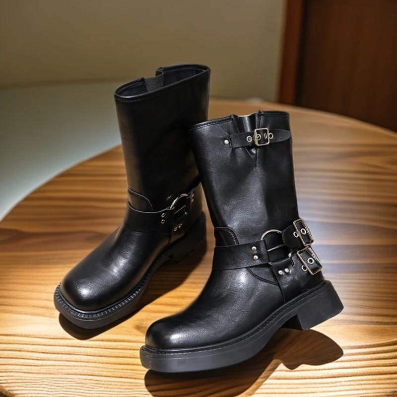 新款牛仔靴女2025秋冬中筒马丁靴女方头粗跟靴子女休闲复古女靴潮